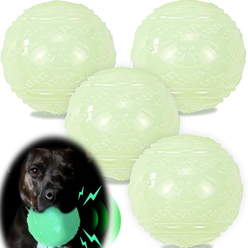 LECHONG 4-Pack 3.5” Glow Squeaky Dog Balls,Bouncy Glow in The Dark Dog Ball with Squeaker, Durable Dog Rubber Ball Toys Glowing Fetch Balls for Medium Large Dogs Nighttime Playing Indoors & Outdoors - size: 3.5in Large Regular