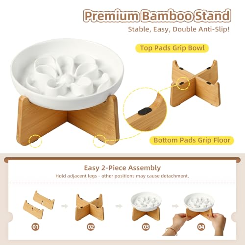 PTOBER Elevated Slow Feeder Cat Bowl - Melamine Cat Dish with Anti-Slip Bamboo Stand - Whisker Friendly Feeding Bowl - Floral Maze Food Plate for Slow Eating - White - color: White
