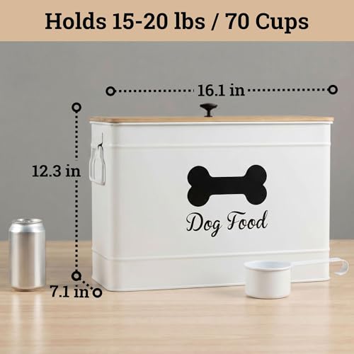 Metal Dog Food Container 15-20 lbs w/ Airtight Bamboo Lid, 70 Cup Capacity - color: White: Bone