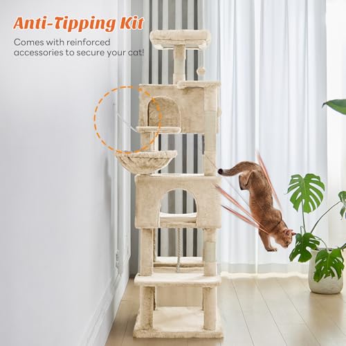 DUMOS Large 66 Inch Cat Tree Tower with Scratching Posts, Indoor Use - color: Beige, size: 66 Inch