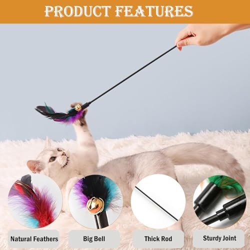 KABASI 8Pack Cat Feather Wand Toys with Bell