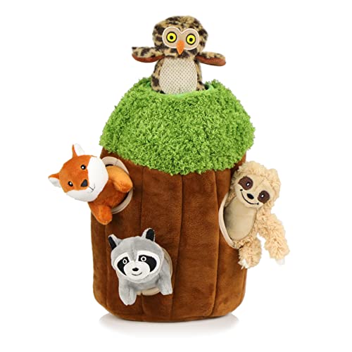 Hide and Seek Dog Puzzle Puppy Toys, Interactive Squeaky Plush, Stuffed Toys for Dogs, Small Size(Sheep, Panda, Forest Animals) (Tree Hole Mix Medium)