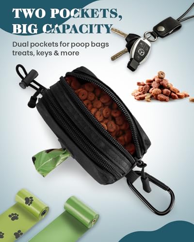 Dog Poop Bag Holder for Leashes, Black Doggie Waste Bag Dispenser and Treat Holder, with Carabiner Hook and Poop Bag Clip, Used Waterproof Wear-Resistant Fabric and 2 Zippered Pouches for Walking - color: Black
