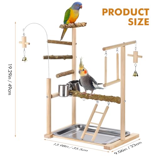 Natural Wood Parrot Playground Perch Stand with Feeder Cups, Tray, Ladder, Swing & Bells, Play Gym for Top of Cage, Cage Accessories for Lovebirds, Cockatiels, Parakeets