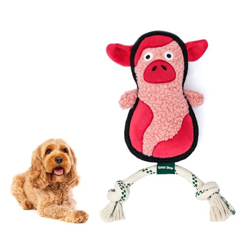 Green Sheep Squeaky Plush Dog Toy, Interactive Rope Toy with Recycled Materials for Tug, Fetch and Play, Medium to Large Dogs, Chew Toy, Pig - color: Pig