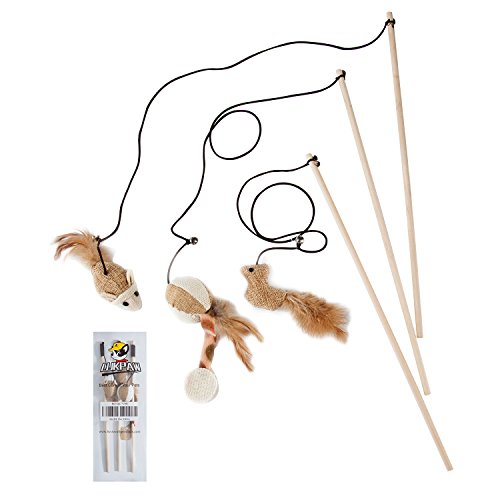 Cat Teaser Cat Kitten Toys Set Natural Sisal Wand Teasers with Mouse, Bell, Feather, Elastic String, and Sturdy Wood Rod - size: 3 PCS