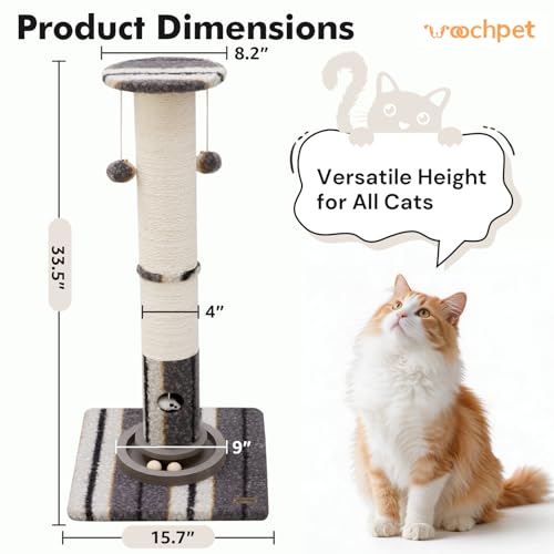 Woochpet Cat Scratching Post 34"Tall Grey Sisal Scratcher Tree With Cat Toy - color: Grey