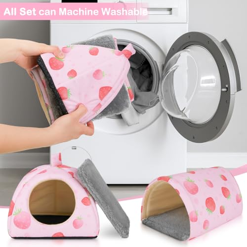 Bienbee Guinea Pig Hideout, 2 Piece Washable Set for Small Animals Small - color: Pink Strawberry, size: Small(7.3"L x 7.3"W x 6.7"H)