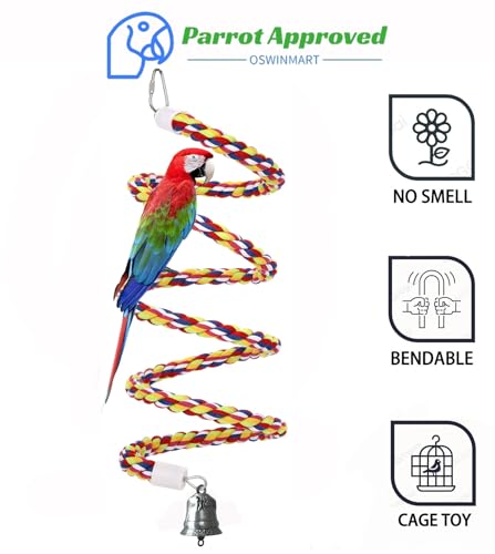 2Pcs 43'' Bird Rope Perches Birdcage Swing Toys 100% Cotton Natural Bird Perch Peck/Chewing with Vintage Bell Climbing Standing Bungee Parrot Toys for Small to Regular Size Parrot Cockatiel Birds - size: 43'x2pcs
