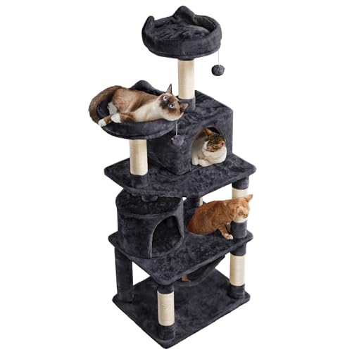 Topeakmart 62.2 inches Cat Tree, Cat Tower w/Double Condos, Scratching Posts & Hammock, Cat Activity Tree Kitten Play House, Black - color: Black, size: 24"L x 19"W x 62"H