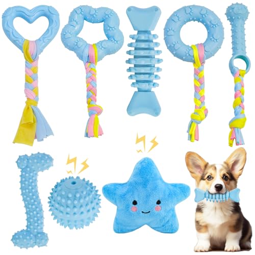 MRSOHRET Puppy Toys, 8 Pack Puppy Chew Toys for Teething, Cute Blue Small Dog Toys Set, Teething Toys for Puppies, Soft Durable Interactive Chew Toy for Small Dogs - color: Blue