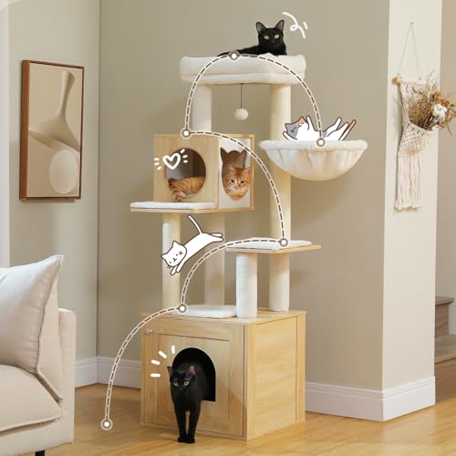 PEQULTI 57.5" Cat Tree with Litter Box Enclosure, Wood Cat Condo, Beige - color: Beige, size: XL(18.9"L x 18.9"W x 57.5"H)