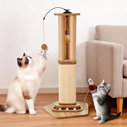 Odoland 34 Inch Cat Scratching Post for Large Cats with 4 Interactive Toys