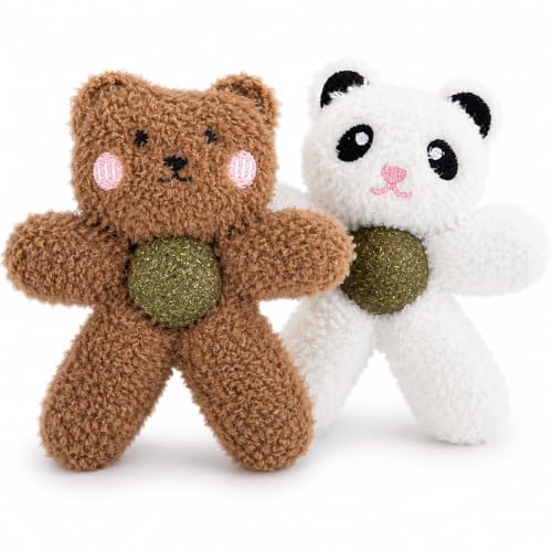Cat Toys with Catnip Kitten Chew Bite Supplies Boredom Relief Fluffy Kitty Teeth Cleaning Chewing Cat Lovers Interactive Plush Gift (Panda&Bear) - color: Panda&Bear