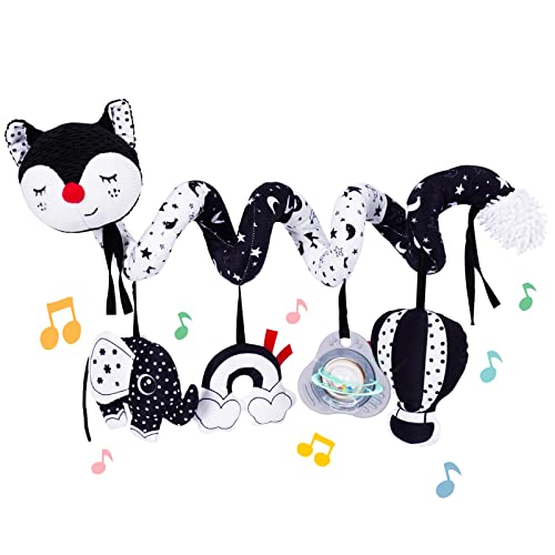 Koty Car Seat Toys, Infant Baby Spiral Plush Activity Hanging Toy for Stroller Bar Pram Crib with Music Box BB Squeaker & Rattles(Black Fox) - color: Black & White Fox