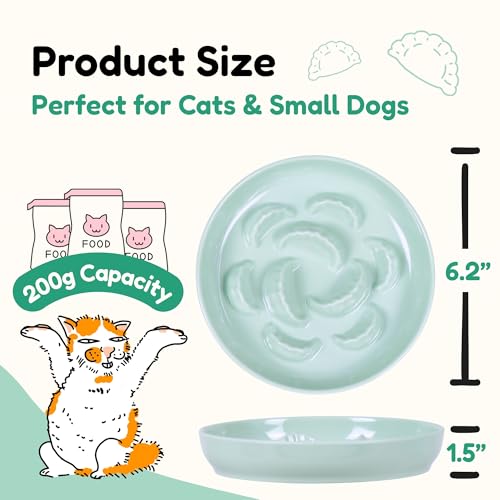 2 Pcs Cat Slow Feeder Bowl Set - Unbreakable Melamine Cat Food Plates for Slow Eating - Cute Kitten Plates for Wet & Dry Food- Whisker Friendly & Dishwasher Safe & Non Slip Design (White + Green) - color: Green + White