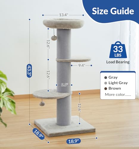 Cat Craft 43" Short Plush Cat Scratching Post with Perch & Bed, Grey - color: Light Grey