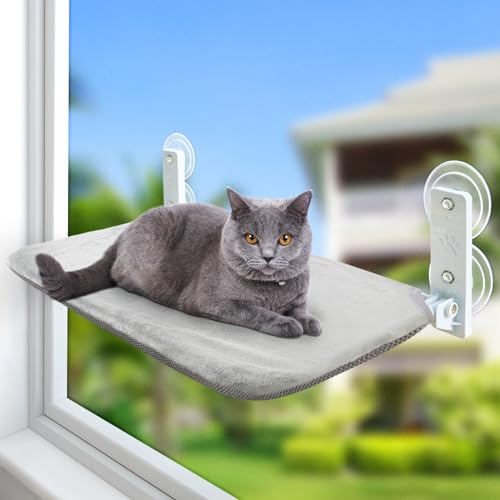 Sunhoo Cat Window Hammock Perch Cordless Perches Window Sill Seat Bed Foldable Stable Lounger Upgraded Suction Cup Easy Assembly Indoor Cats Kitty Shelf Hold Up to 55lbs (Grey, L) - color: grey, size: L