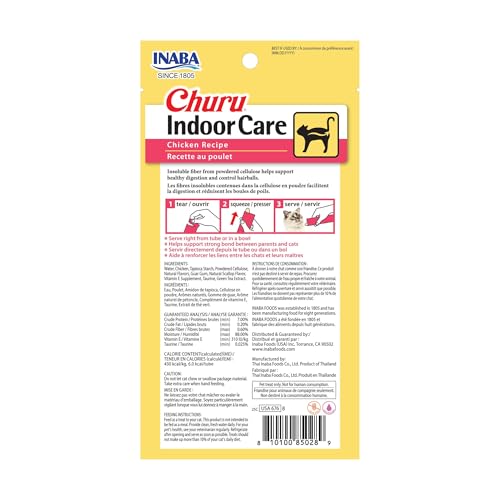 INABA Churu Indoor Care for Hairball Control, Functional Lickable Cat Treat with Taurine & Green Tea Extract, 0.5oz Each, 24 Tubes Total, Chicken Recipe - size: 1 Count (Pack of 24)