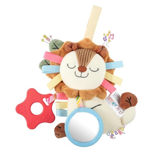 TYRY.HU Car Seat & Stroller Activity Toy,Soft Plush Cot Hanging Toy, Baby Rattle Toy with Strap,Developmental Sensory Toy-Textured Ribbons&Teether&Mirror&Crinkle Sounds for Infants 0 3 6 12 Months - color: B: Lion Stroller Toy