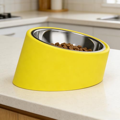 15° Tilted Slow Feeder- Non-Spill & Non-Slip Stainless Steel Dish for Small & Cats - color: Yellow, size: L