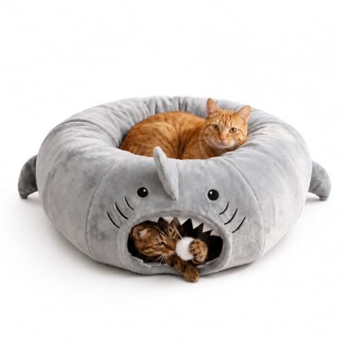 Baseola Fuzzy Cat Tunnel Bed for Indoor Cats, 2-in-1 Interactive Cat Toys - color: Grey Shark