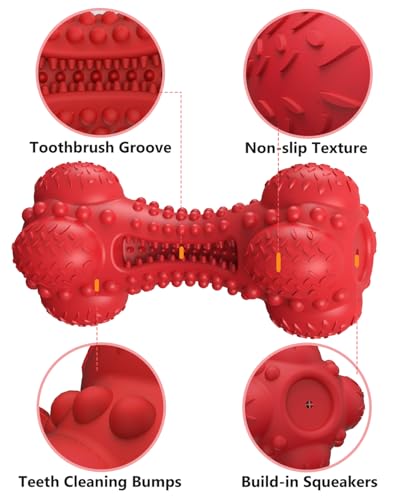 SCHITEC Squeaky Dog Chew Toy for Aggressive Chewers Large Breed, [2 Pack] Tough Interactive Teething Rubber Bone for Big Medium Dogs - color: Red & Blue