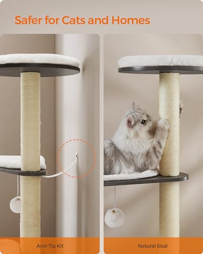 Feandrea Cat Tree, 65-Inch Multi-Level Tower with 5 Scratching Posts - color: Misty Gray