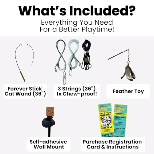 Forever Stick Cat Wand Toy, 3 Strings, Chew Proof Metal Wire - size: Forever Stick and Chew-proof String
