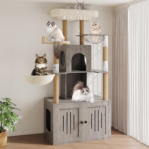 Cat Tree with Litter Box Enclosure, Multi-Level Cat Tower with Hidden Litter Box Furniture, Large Plush Top Perch, Sisal Scratching Posts, Cat Condo & Hammock for Indoor Cats, Living Room,Grey - color: Grey