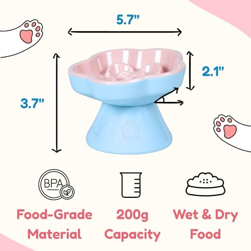 Detachable Slow Feeder Cat Bowl, Melamine Elevated Cat Bowls - Heavy Weighted, Tilted Raised Slow Feeder, Non-Slip Small Dogs Slow Feeders Bowl, Dry & Wet Food, Whisker Friendly(Pink, 5.8" - color: Pink, size: 5.8"