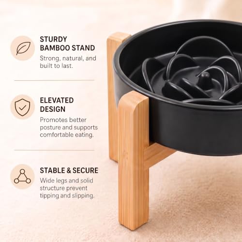 Elevated Ceramic Slow Feeder Dog Bowls Anti-Choking Slow Feeding for Medium& Large Anti-Slip Non-Lead & Toxic Durable Easy to Clean Maze Slow Feeder Bowl（8.66in Black Flower Pattern） - color: Black Flower Pattern, size: 3.6Cup