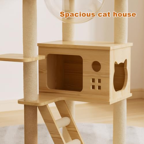 Wood Cat Tree Tower with Clear Bubble Window, Multi-Level Cat Condo with Scratching Posts, Ladder Top Perch Bed & Hanging Ball Toy, Indoor Activity Cat Furniture for Kittens Large Cats - color: （1）Natural+White + MDF
