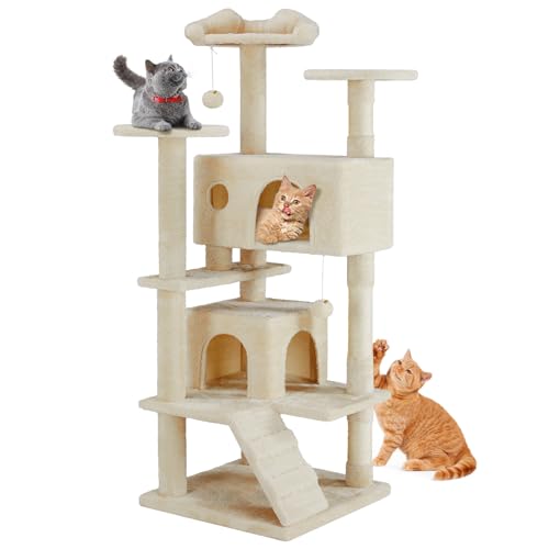 DUMOS 54 Inch Cat Tree Tower with Scratching Posts - color: Beige, size: 54'' × 20'' × 20''