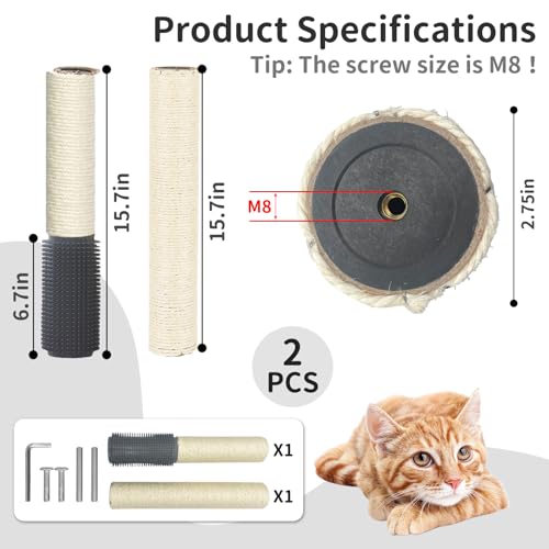 Fhiny 2PCS Cat Scratching Post Replacement, 15.7inch M8 Natural Sisal Cat Scratch Post with Cat Self Groomer Refill Pole Parts Kitten Climbing Furniture Protector Hemp Rope Scratcher for Spare White - color: White