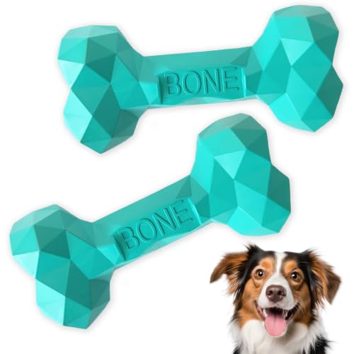 NOOVIA Durable Dog Chew Toy Rubber Bone 100% Natural Bite-Resistant Interactive Pet Toys for Dogs, Diamond Texture Modern Geometric Design (Lake Green, Medium 2-Pack) - size: Medium 2-Pack