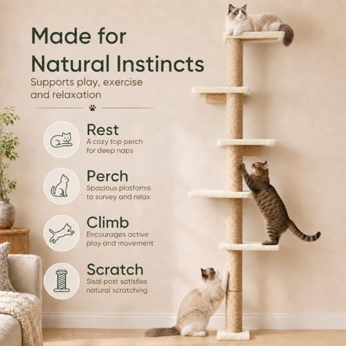 80-Inch Wall-Mounted Cat Tree with Scratching Post & 5 Perches, Beige - color: Beige