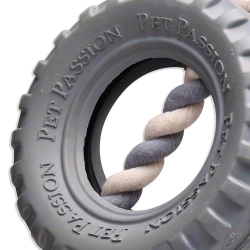 Pet Passion Natural Rubber Tire and Organic Cotton Rope Pull and Chew Dog Toy for All Pet Breeds, Gray, Large - color: Gray, size: Large
