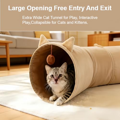 Cat Tunnel 3 Way Collapsible, Cat Ear Design with Crinkle Sound, Indoor Cat Toys Interactive, 4 Peek Holes Pet Play Tube for Cats, Kitten, Puppy, Rabbit, Brown (3-Way Brown Cat Ears) - size: 3-Way Brown Cat Ears