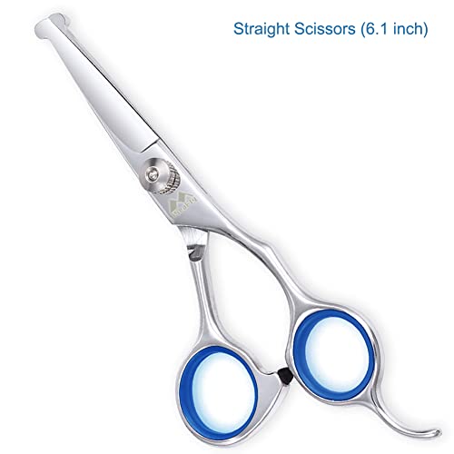 Dog Scissors with Round Tip, 6 in 1 Dog Grooming Kit, Stainless Steel Pet Grooming Scissors for Full Body, Face, Nose, Ear and Paw (Blue)