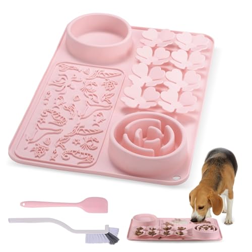 Silicone Lick Mat for Dogs & Cats – Slow Feeder Dog Bowl, Non-Slip Licking Mat for Large & Small Breeds, Puzzle Feeder & Snuffle Mat for Fast Eaters, Interactive Pet Food Mat with Spatula - color: Pink