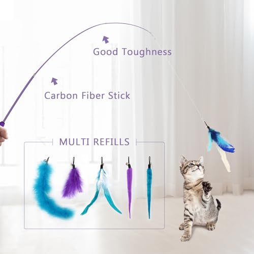 SONGWAY Interactive Cat Feather Toy Set - Retractable Teaser Wand with 6 Pcs Feather Refills with Bell, Cat Wand Toys for Indoor Cats Kittens Play Chase Exercise, Blue - color: Blue