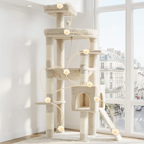 Heybly 64.2" Heavy-Duty Cat Tree for Large Cats with Wide Base HCT027M - color: Beige, size: 64.2 inch