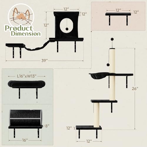 14-in-1 Cat Wall Shelves, Wall Mounted Cat Shelves, Space Saving, Black - color: Black, size: 14Pcs