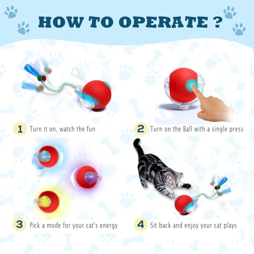 Interactive Cat Toys for Indoor Cats – Motion Activated Automatic Cat Ball with SpeedyTail, 3 Play Modes, Rechargeable LED Rolling Ball, Kitten Toys for Bored Indoor Cats, Smart Cat Enrichment Toy
