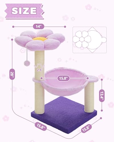 MUTTROS Flower Cat Scratching Post, 28" Cute Cat Tree Tower for Indoor Cats with Large Hammock Soft Perch Bed, Replaceable Toy Ball for Kittens, Purple - color: Purple
