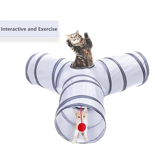 Cat Tunnel Tube Toys, 3 Ways Tunnels for Indoor Cats with Play Ball - color: 3 Way White Gray