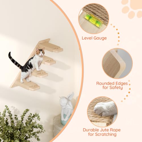 HOOBRO Cat Wall Shelf Set of 2, Wall Mounted 4-Level Cat Steps with Jute Scratching Steps, Hammock Wall Mounted, Holds up to 40 lb, Cat Wall Furniture, for Playing, Natural NL41CS03