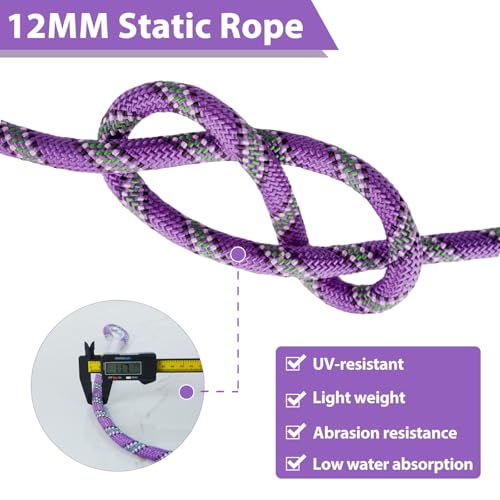 Static Climbing Rope - 12mm High Strength Arborist Rope 32FT for Outdoor Rappelling, Swing, Rigging, Tree Work, Camping - Purple - color: Purple, size: 32FT