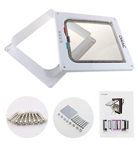 CEESC Extra Large Cat Door (Outer Size 11"x9.8"), Weatherproof, White, ABS Material, 4-Way Locking Flap for Cats & Dogs up to 25.54 lbs (Pack of 2) - color: White, size: XL- Inner size: 7.9"(W) x 8.7"(H) (Pack of 2)